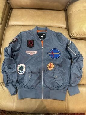 American Stitch Gray Bomber Jacket with Embroidered Patches